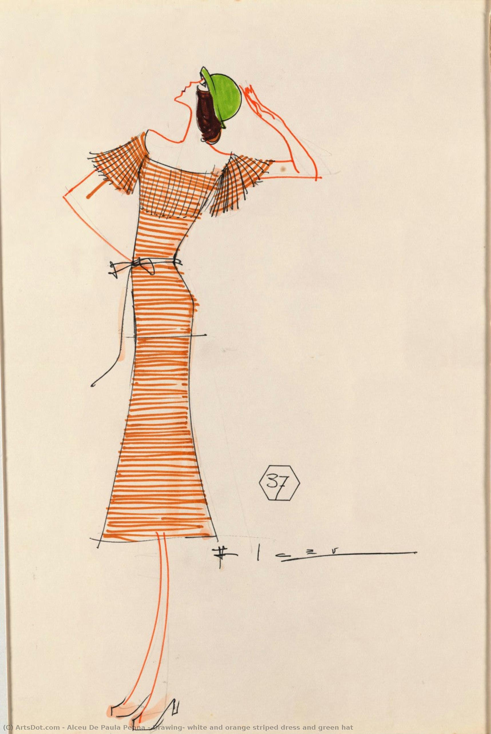 Drawing, White And Orange Striped Dress And Green Hat — Alceu De Paula Penna