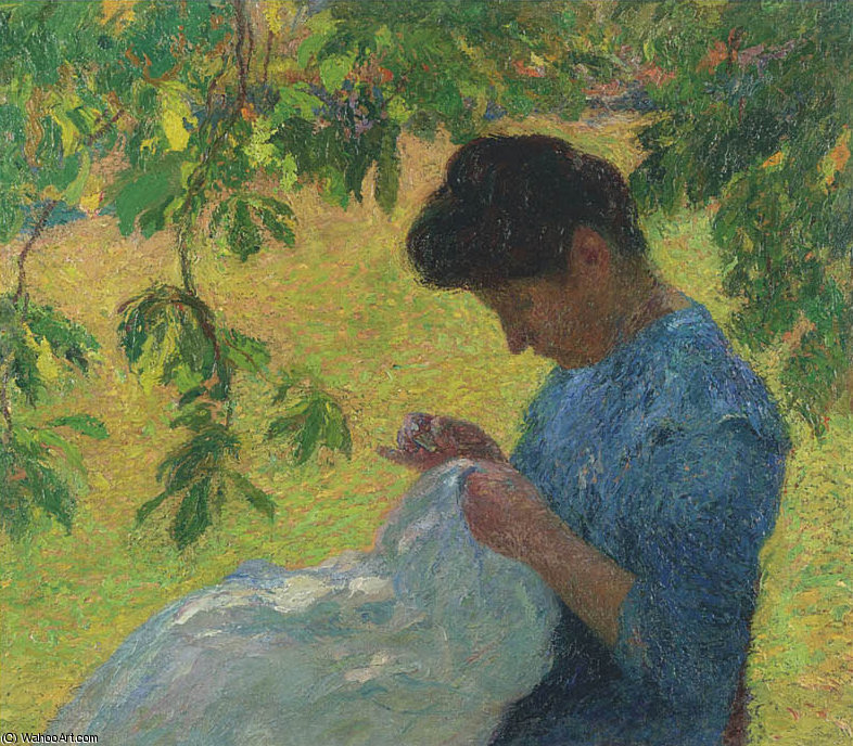Young Woman Sewing In The Garden — Henri Jean Guillaume Martin