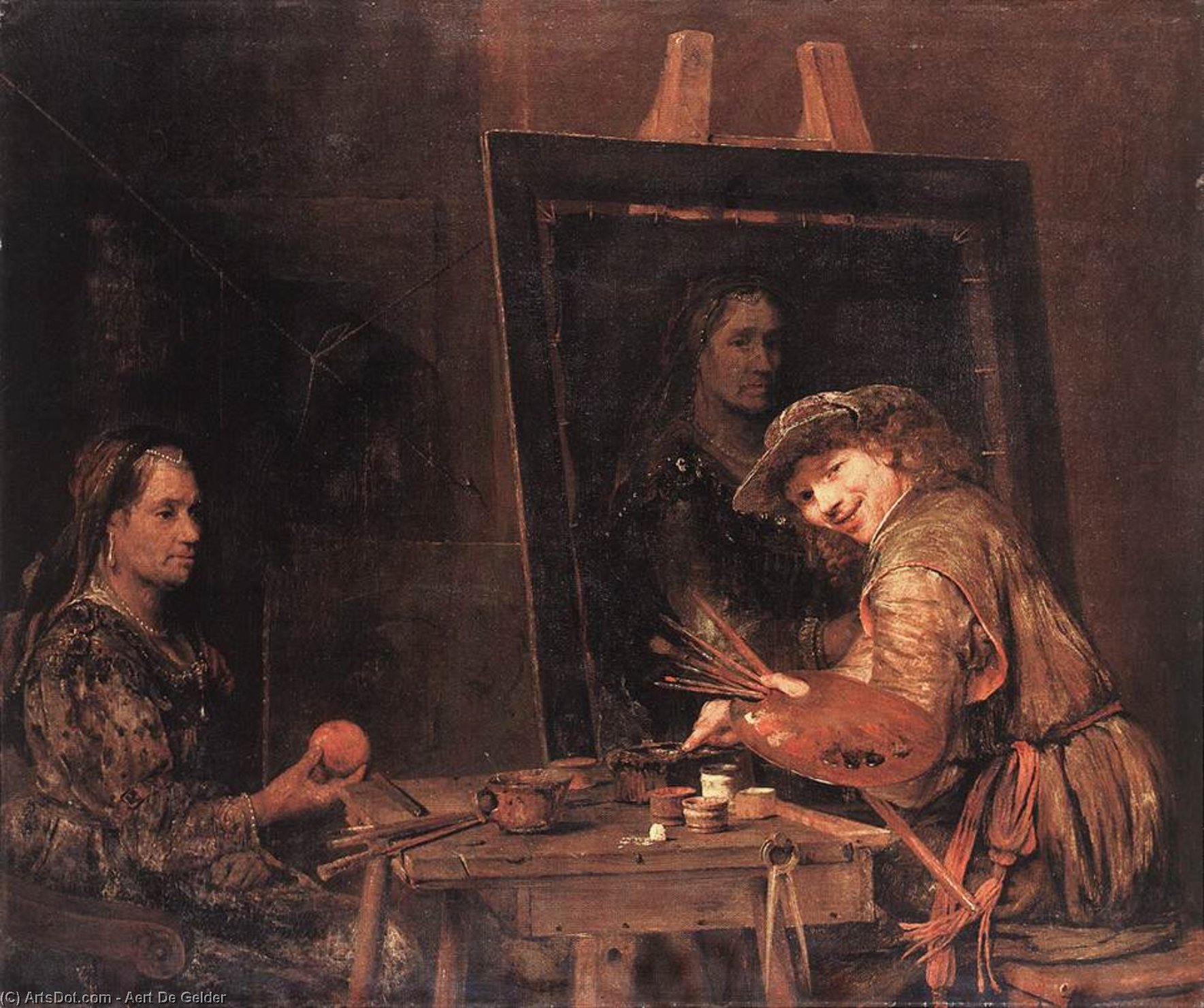 Self-portrait At An Easel Painting An Old Woman — Aert De Gelder