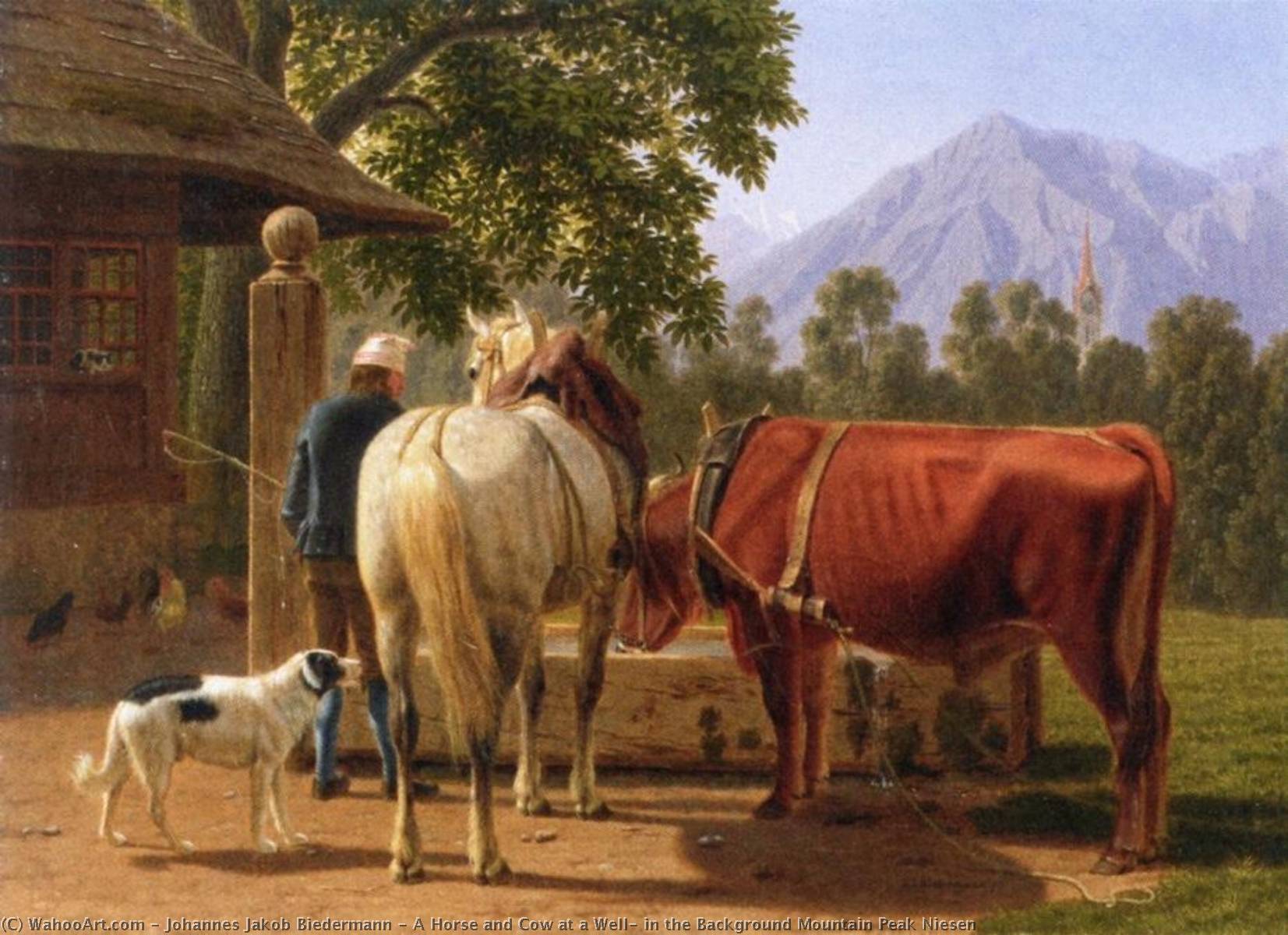 A Horse And Cow At A Well, In The Background Mountain Peak Niesen — Johann Jakob Biedermann