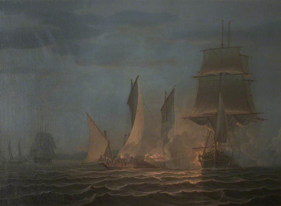 A French Chasse Marie Attacking A British Merchant Ship — Robert W. Salmon