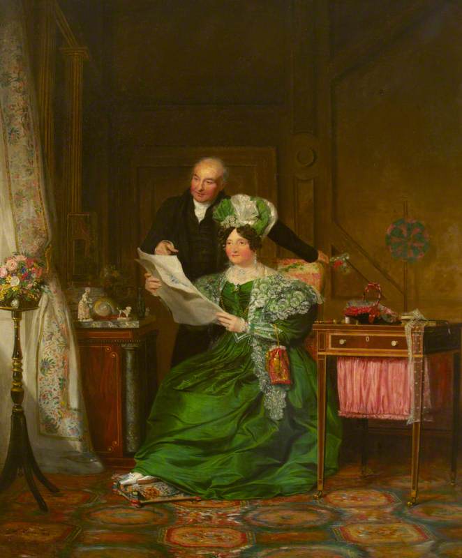 A Lady And A Gentleman Admiring Drawings Of Flowers In An Interior — Alexander Mosses