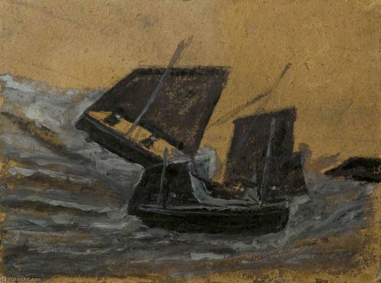 Two Black Boats Sailing Up Dark Grey Waves — Альфред Уоллис
