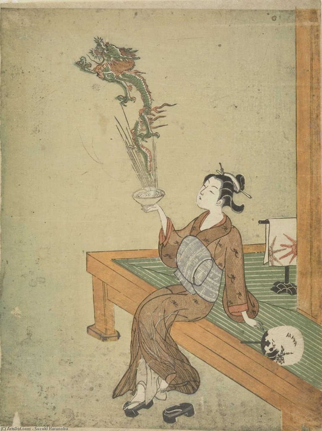 Parody With Young Girl As A Daoist Immortal Handaka Sonja Conjuring A Dragon From A Bowl — Suzuki Harunobu