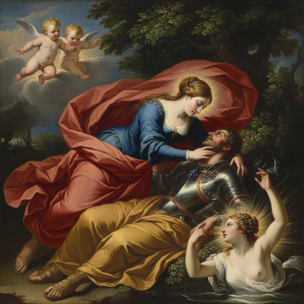 Eternal Embrace In Crimson And Cerulean: A Baroque Allegory — Marc Duvallier