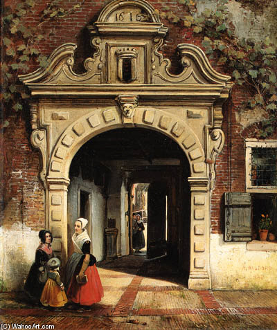 A Sunlit Countryard With Figures Conversing Under A Brick Archway — Anthonie Waldorp