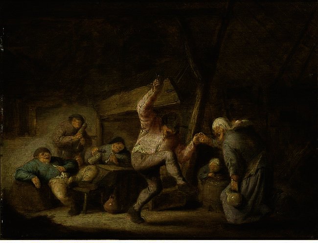 Peasants In An Inn With A Couple Dancing To The Music Of A Bagpipe Player And Others Drinking And Smoking At A Table — Adriaen Van Ostade