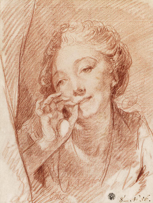 A Young Woman Appearing Behind A Curtain, Her Hand At Her Mouth — Jean-baptiste Greuze