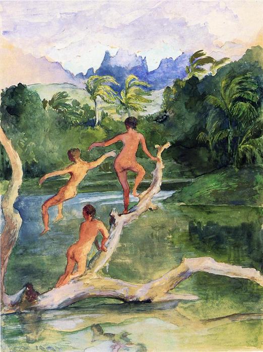 Girls Bathing On The Shore Near Papeete In An Outlet Of The River Fautaua. The Diadem Or Crown Mountain In Distance. Northwest Wind Blowing - Later Afternoon, February — John La Farge