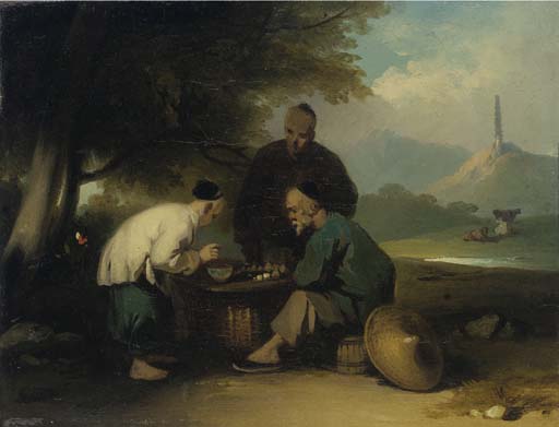 Chinese Gaming At A Table, A Pagoda On A Hill Beyond — George Chinnery