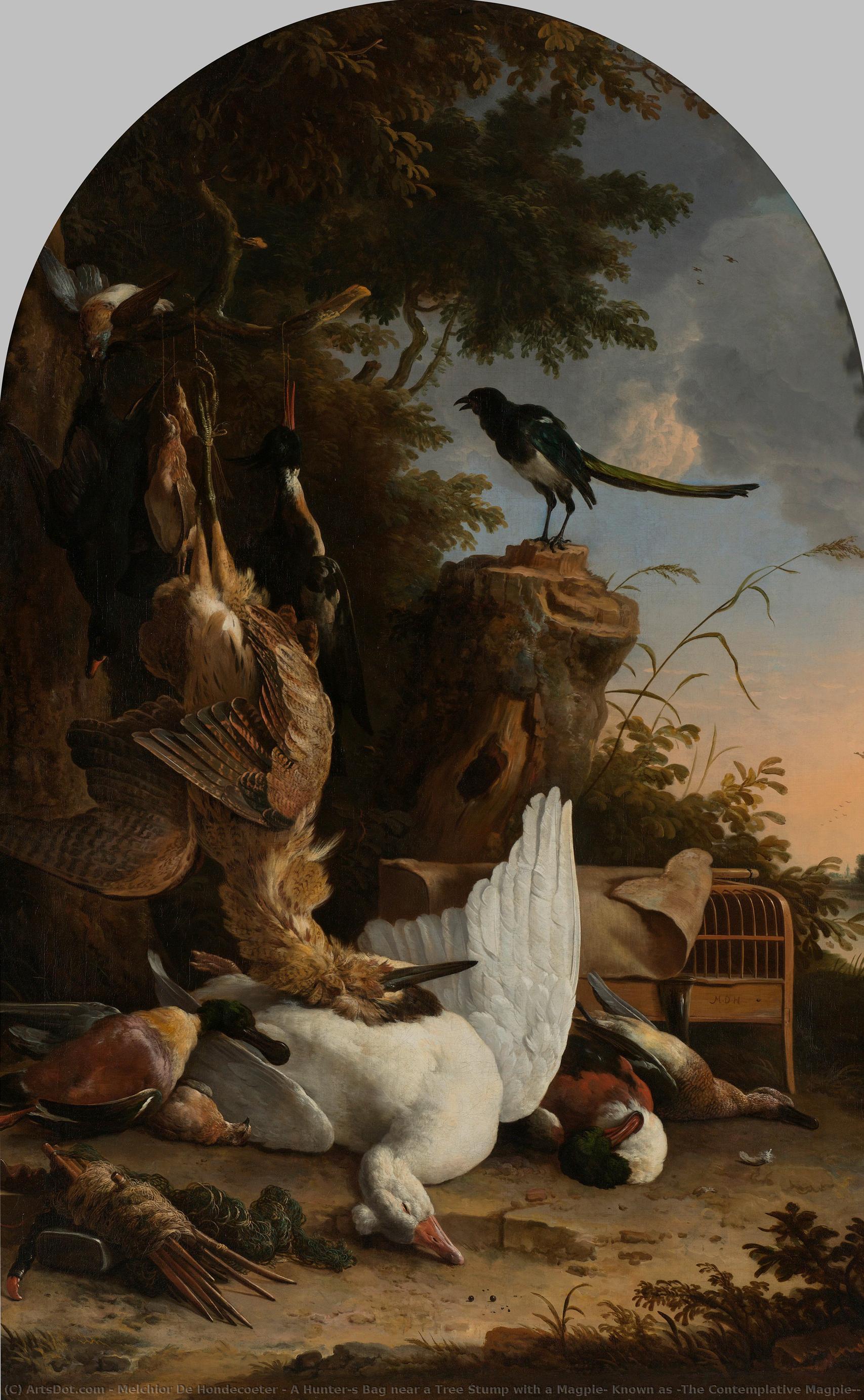 A Hunter’s Bag Near A Tree Stump With A Magpie, Known As ‘the Contemplative Magpie’, Melchior D"hondecoeter, C. 1678 — Melchior De Hondecoeter