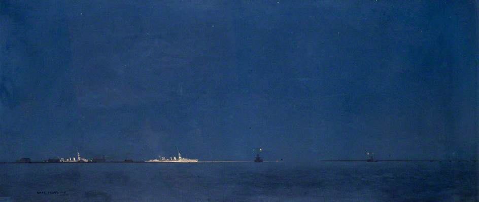 The Harwich Gate Ships, Barrier And Light Cruisers Under Searchlight — Charles Pears