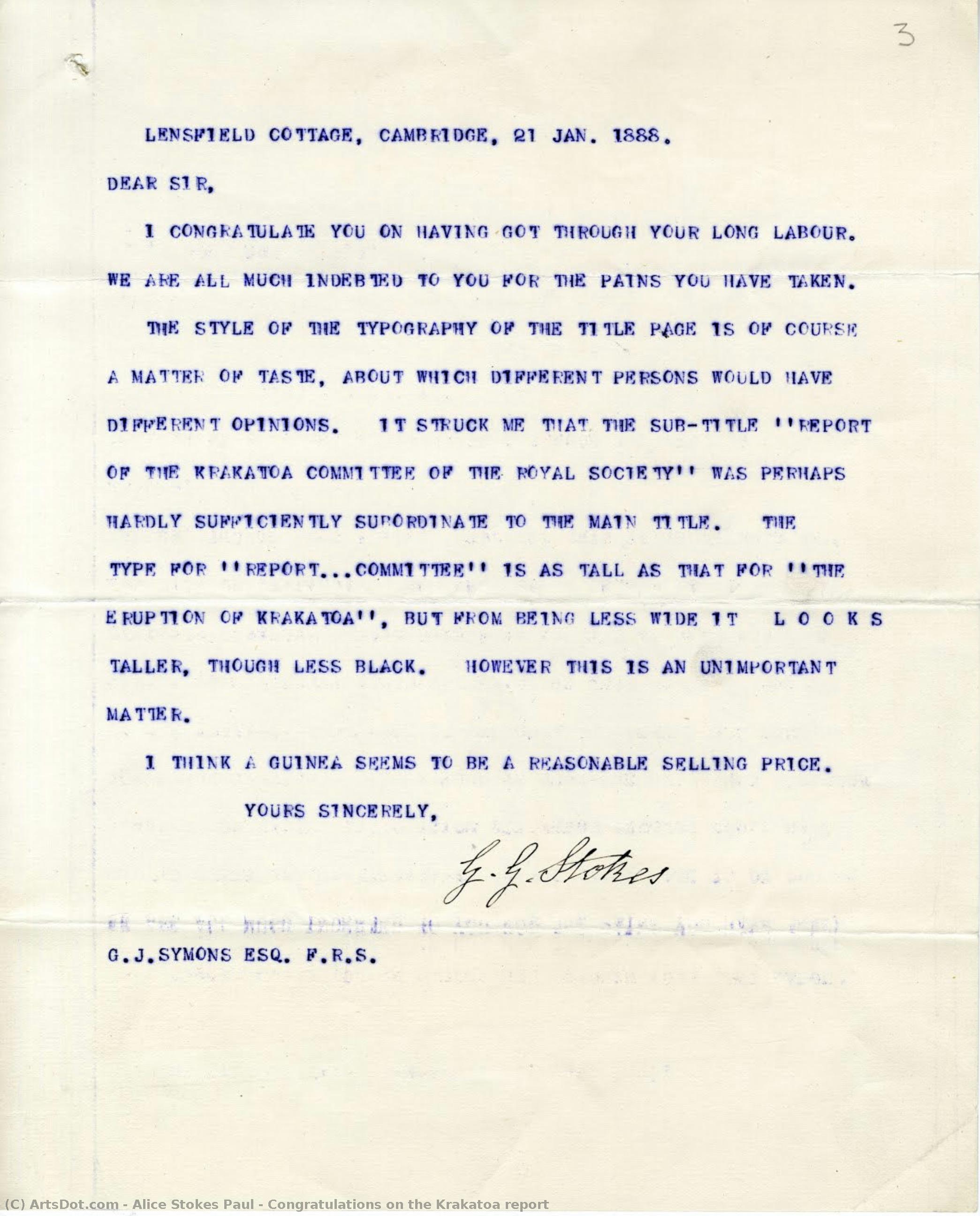 Congratulations On The Krakatoa Report — Alice Stokes Paul