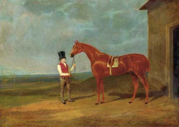 Mr. Dixon's Mountaineer, A Chestnut Colt, Held By A Groom Outside A Stable — John Frederick Herring Senior