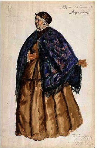 Costume Design For Afimia, An Elderly Peasant Woman With Blue Shawl — Boris Mikhailovich Kustodiev