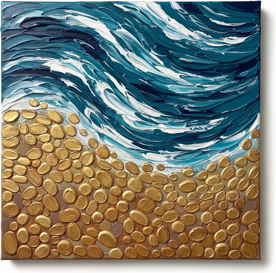 Orilla Dorada Entre El Oleaje Turbulento De Olas Impasto En Azul Profundo — David Moreau