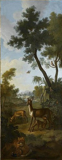 Paysage Avec Des Chevreuils Et Un Renard Devorant Un Faisan Au Premier Plan. A Droite, Chardonnerets Pinsons Dont Un En Vol — Christophe Huet