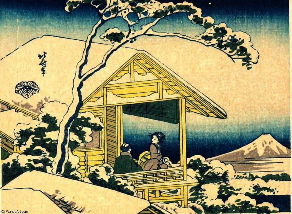 Man And Woman Admiring Mount Fuji From A Snowy Pavilion — Katsushika Hokusai