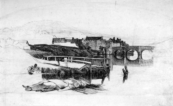 View Of Bishop's Bridge, Norwich, With Body On The Foreshore — Anthony Frederick Augustus Sandys