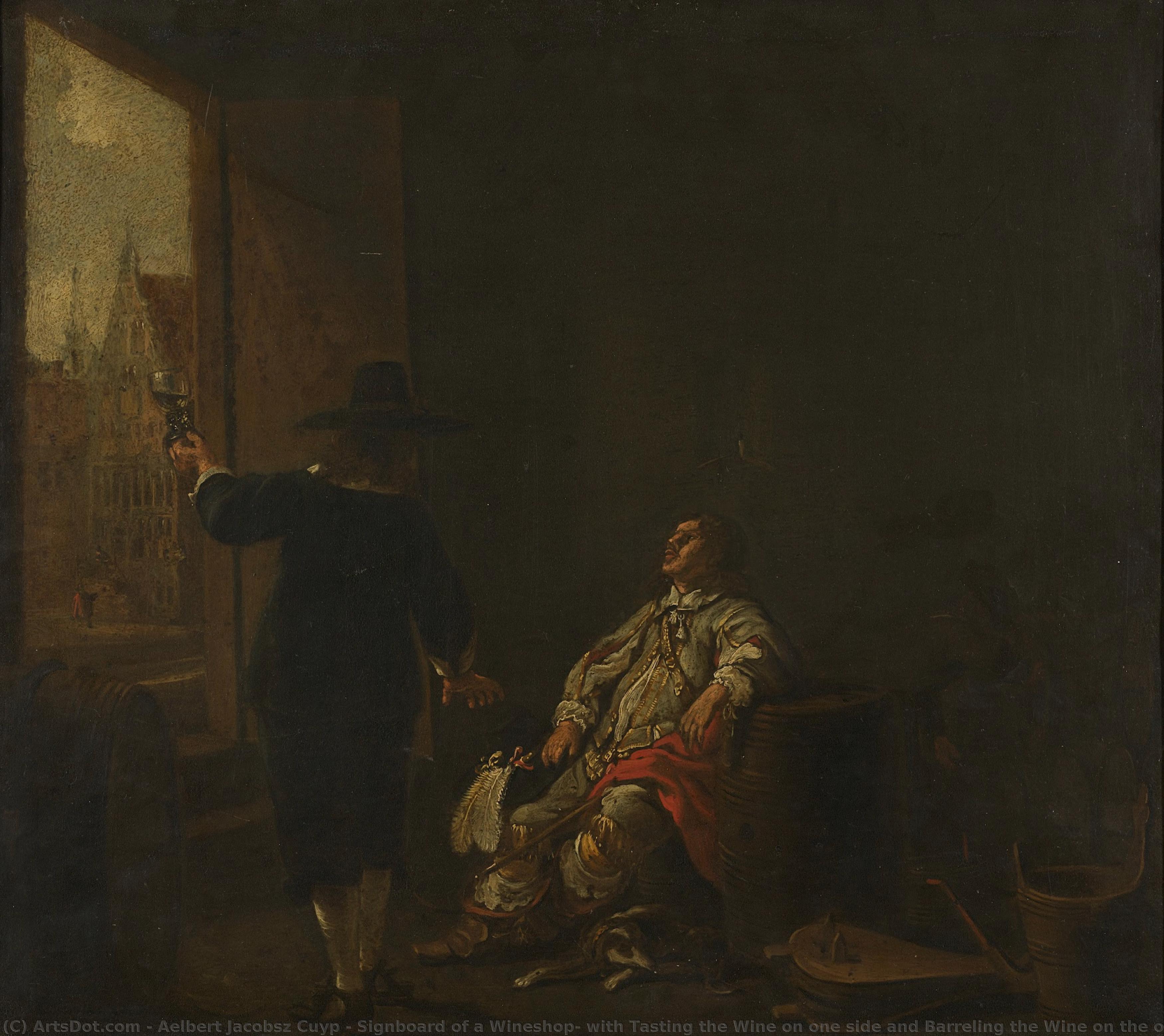 Signboard Of A Wineshop, With Tasting The Wine On One Side And Barreling The Wine On The Other, Aelbert Cuyp (circle Of), C. 1650 - C. 1655 — Aelbert Jacobsz Cuyp