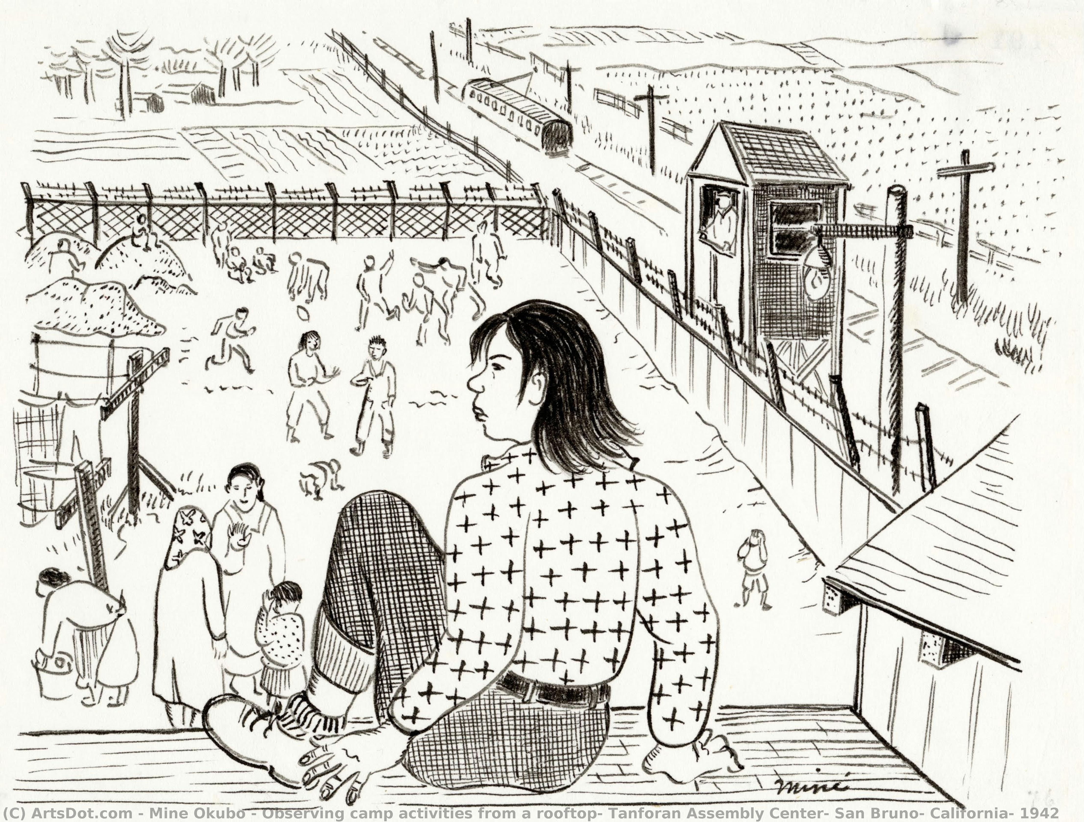 Observing Camp Activities From A Rooftop, Tanforan Assembly Center, San Bruno, California, 1942 — Mine Okubo