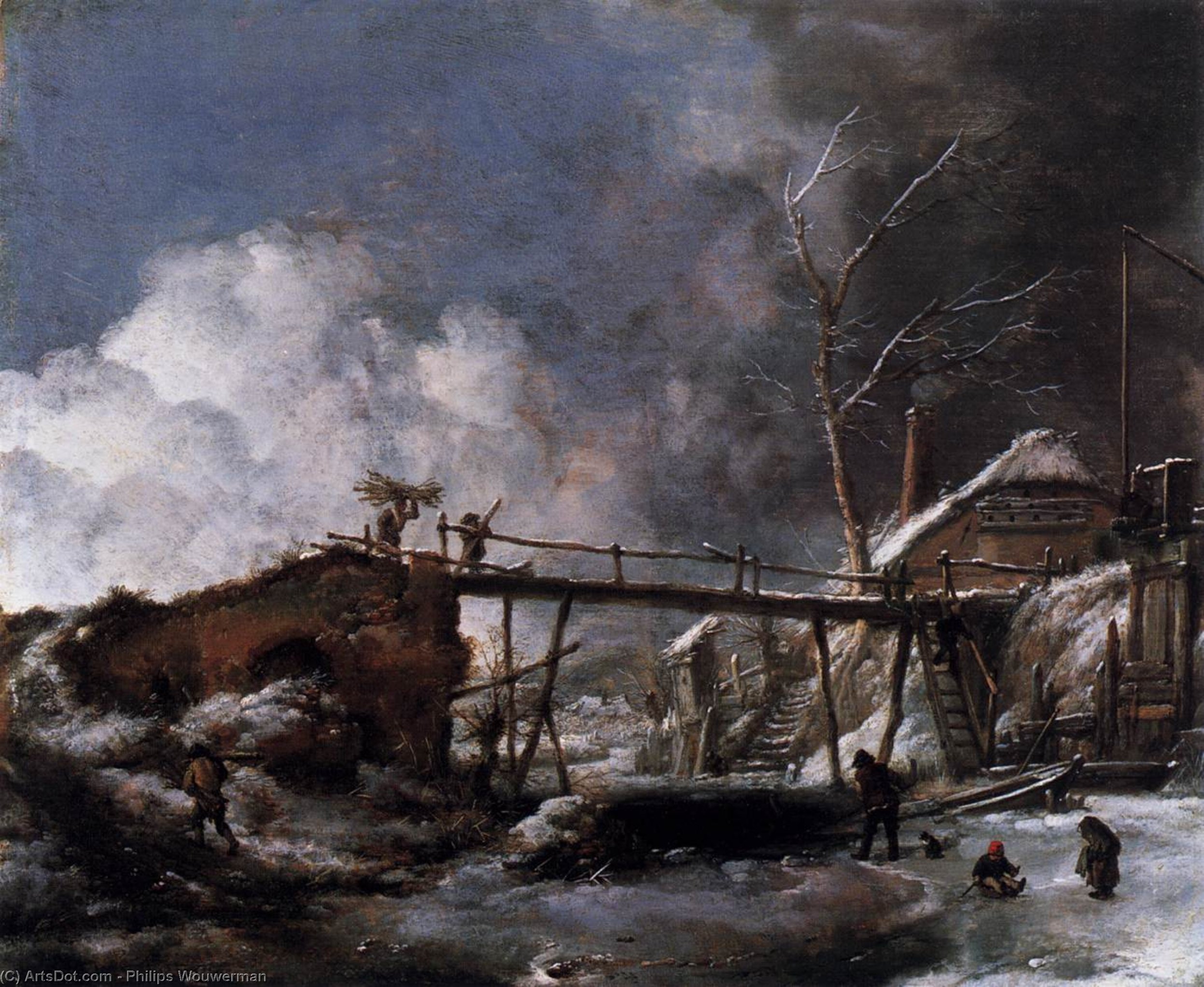 Paisaje De Invierno Con Puente De Madera — Philips Wouwermans