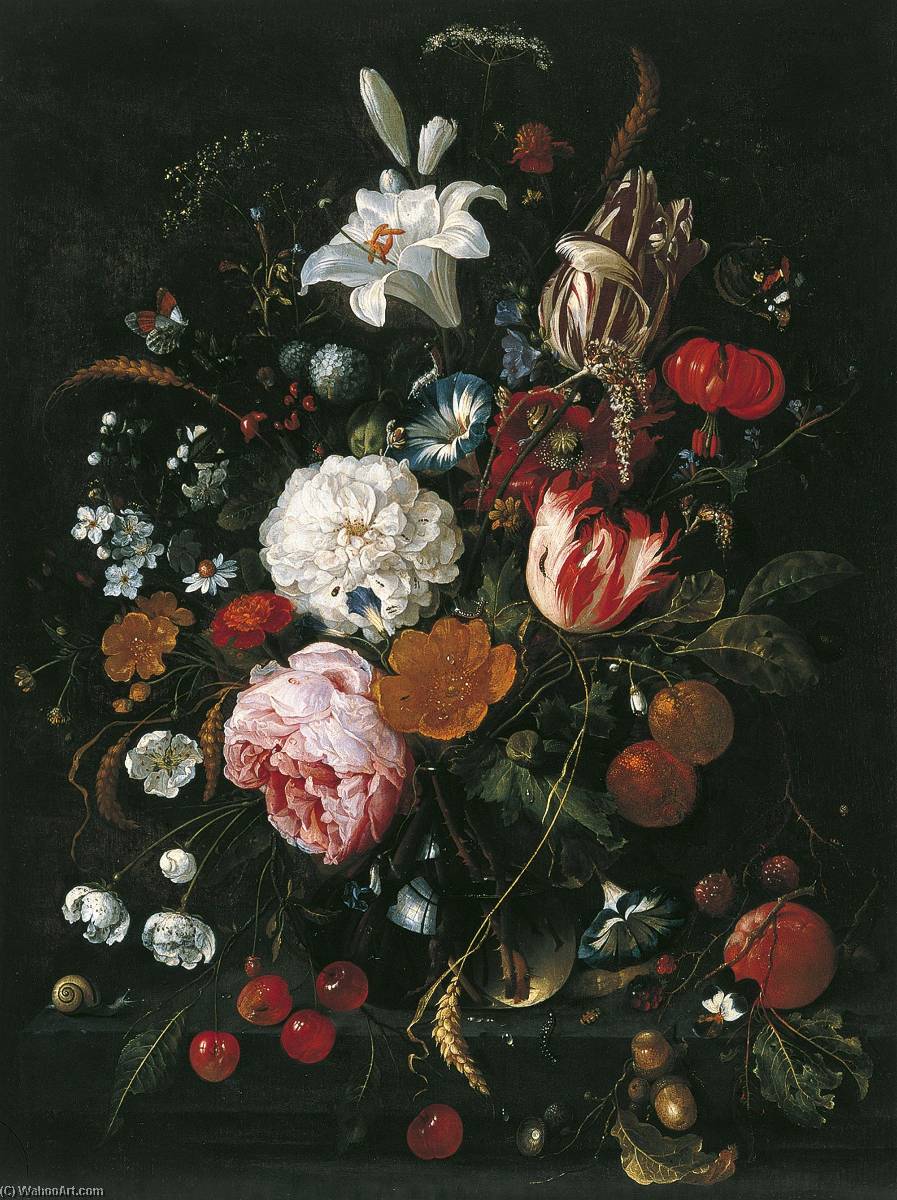 Flowers In A Glass Vase With Fruit — Jan Davidszoon De Heem