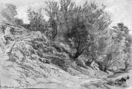 A Wooded Landscape With A Woman Washing Laundry At A Stream — Paul Huet