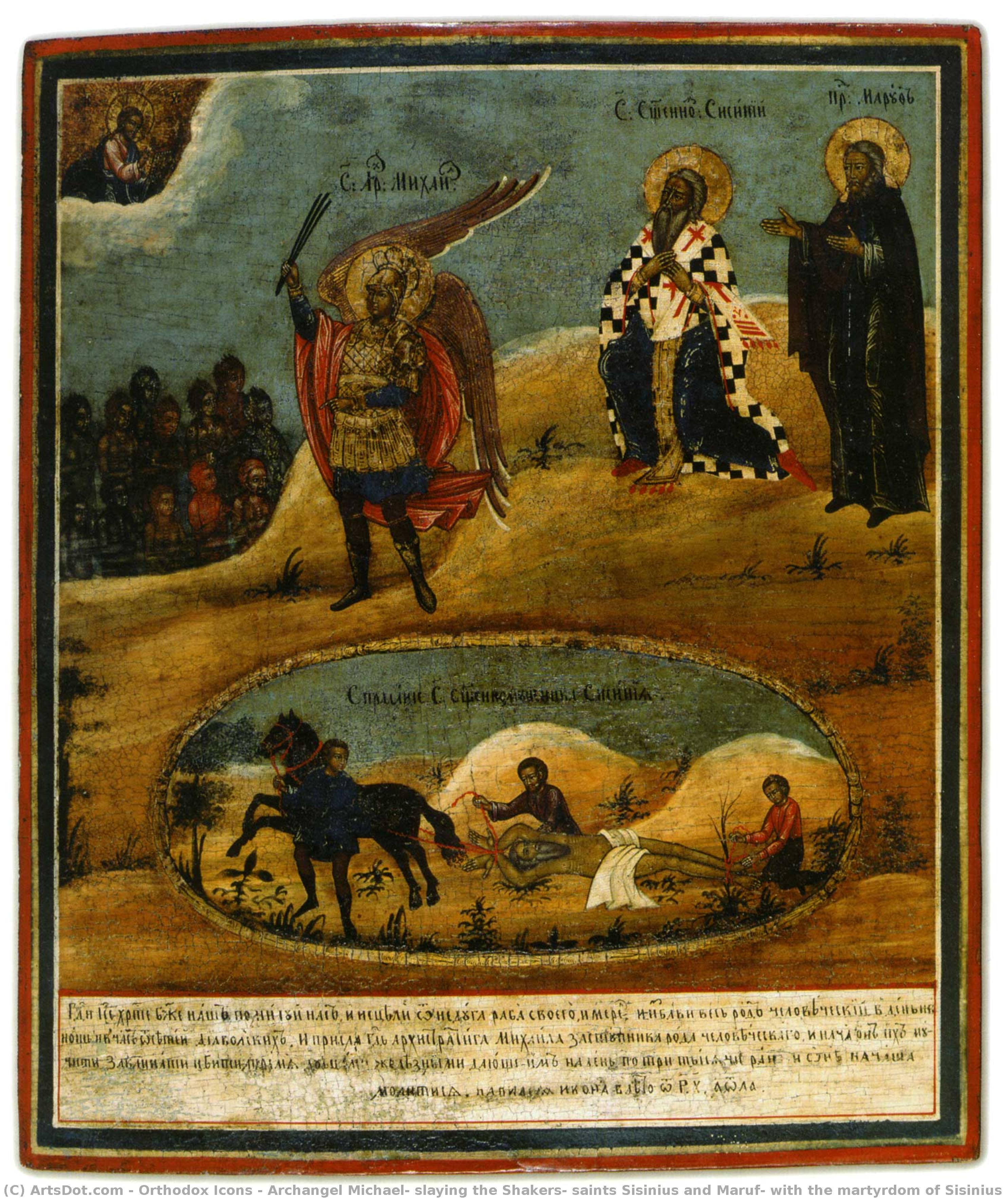 Archangel Michael, Slaying The Shakers, Saints Sisinius And Maruf, With The Martyrdom Of Sisinius — Orthodoxe Ikonen