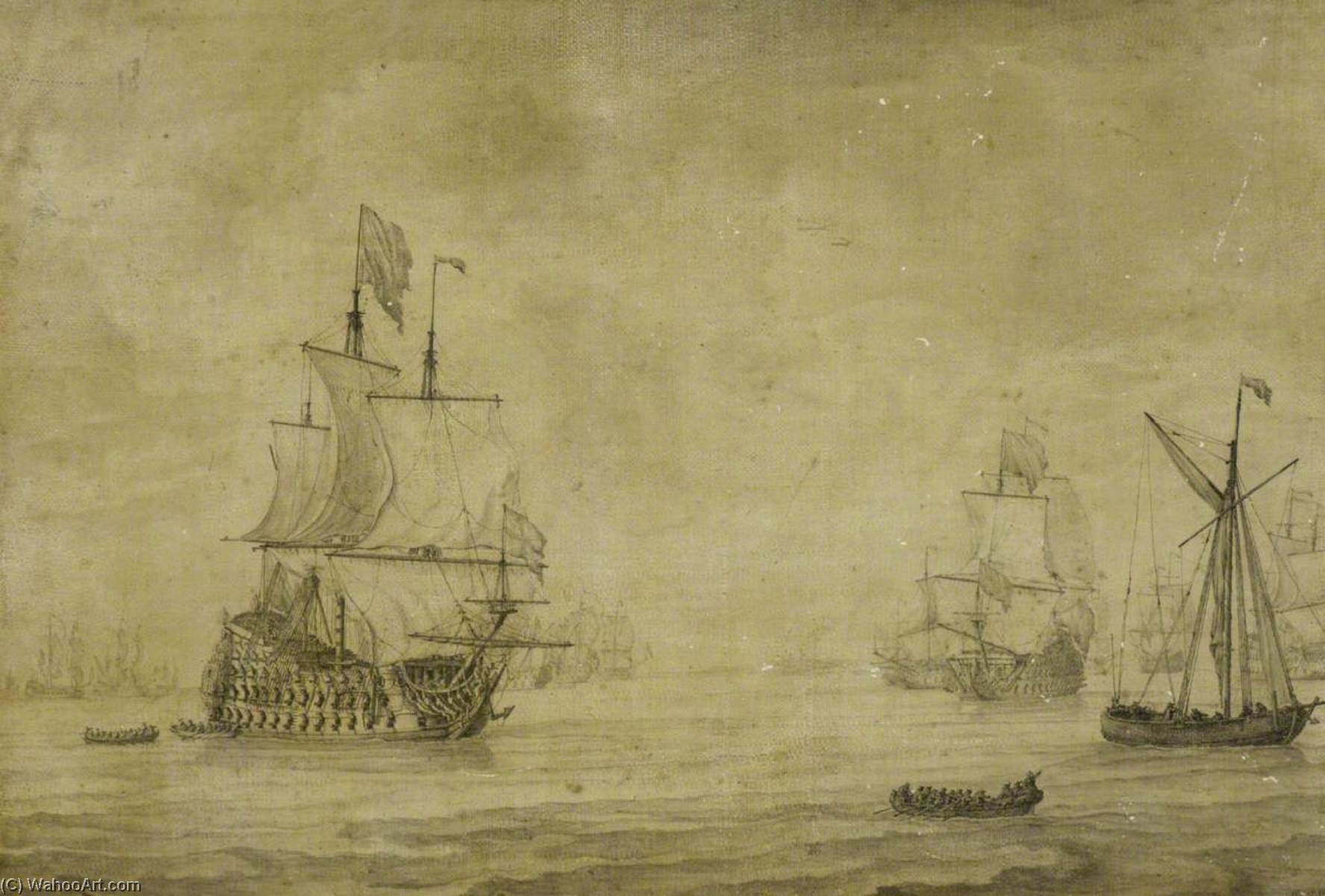 An English Three Decker With The Fleet In Light Airs — Willem Van De Velde The Elder