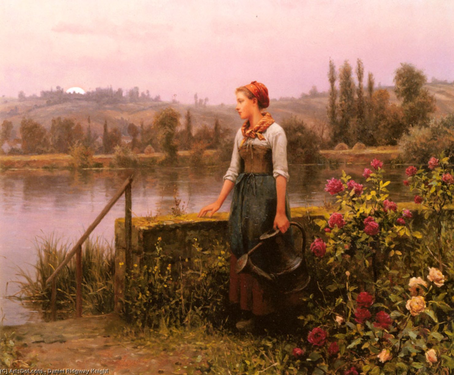 A Woman With A Watering Can By The River — Daniel Ridgway Knight