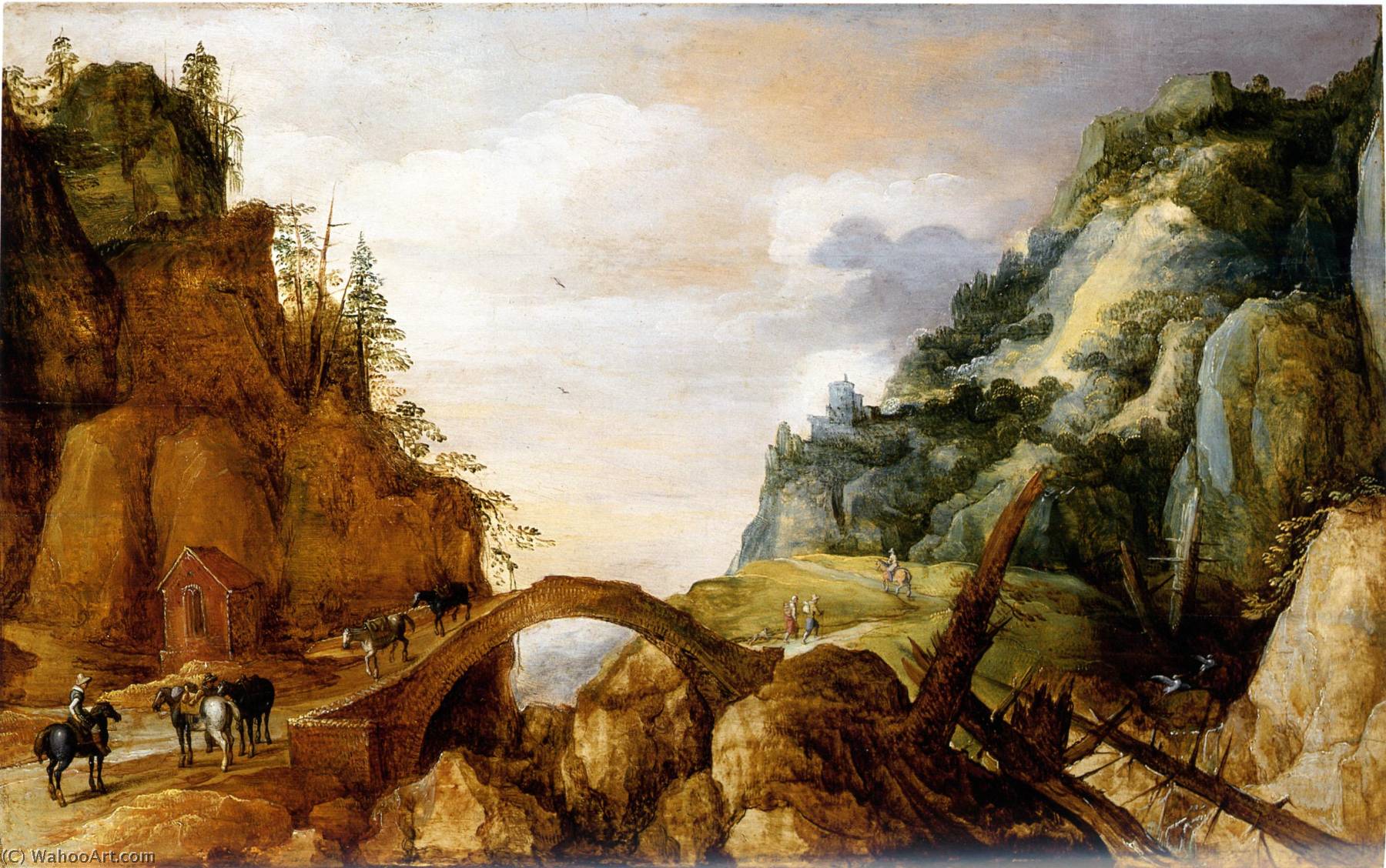 A Mountainous Landscape With Horsemen And Travellers Crossing A Bridge — Joos De Momper The Younger