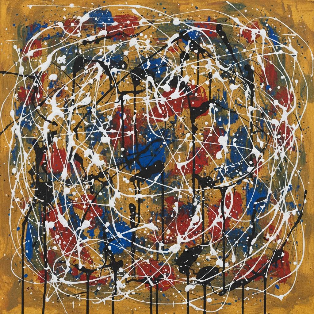 Celestial Kineticism: A Spontaneous Symphony Of Ochre, Crimson, And Midnight Splatters — Laurent Lefèvre