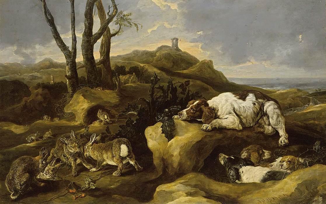 Spaniels Stalking Rabbits In The Dunes — Jan Fyt (joannes Fijt)