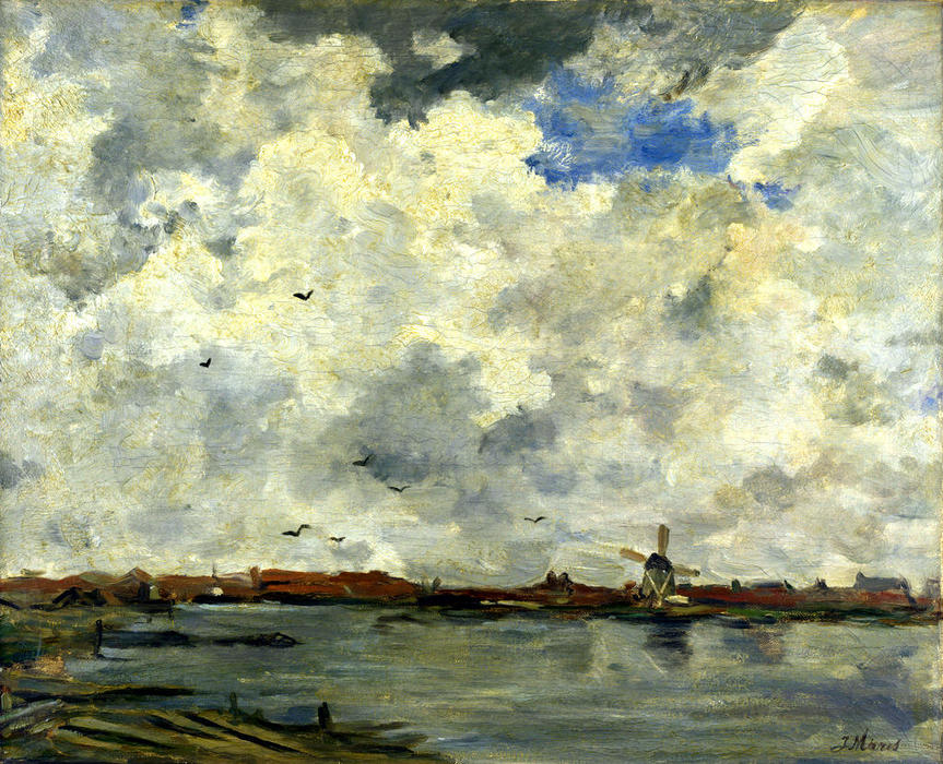 Windmill And Houses Beside The Water. Stormy Sky — Jacob Henricus Maris