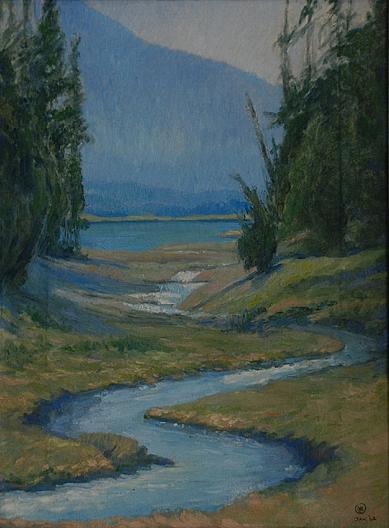 (river Leading To Lake With Mountains In Distance), (painting) — Mary Agnes Yerkes