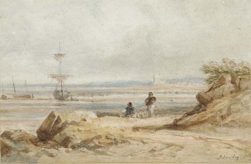 A Coastal Scene With Fisherfolk And Beached Vessels Beyond — John Varley I (the Older)