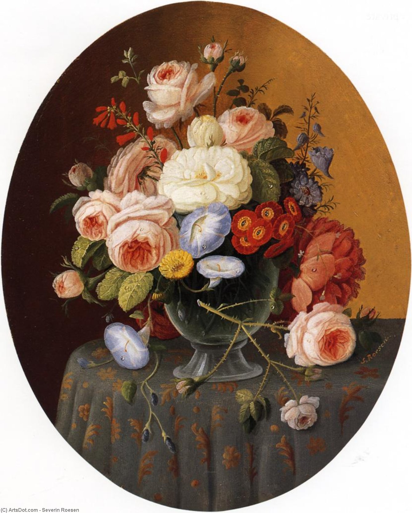Floral Arrangement In A Glass Vase On A Clothed Table — Severin Roesen