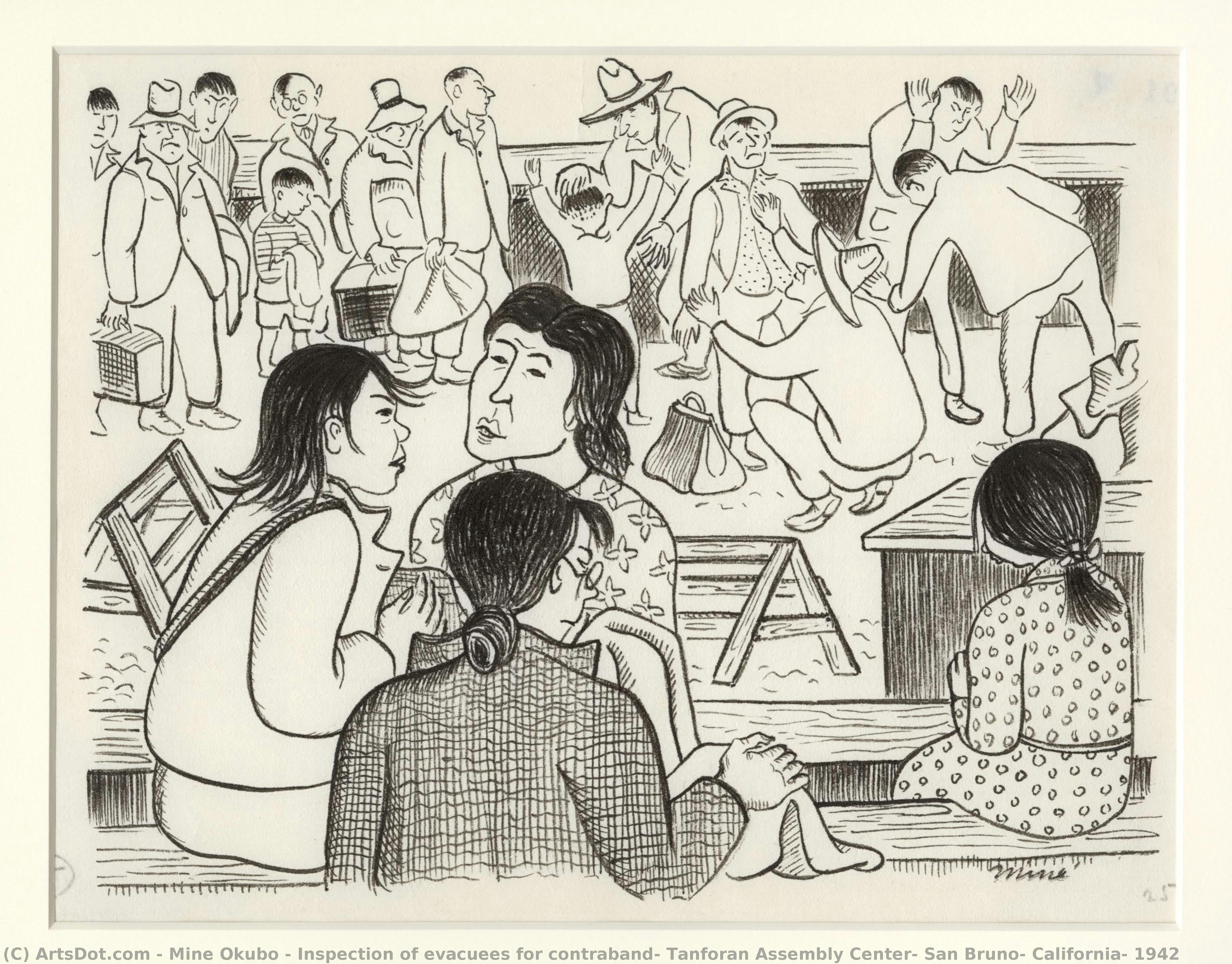 Inspección De Evacuados En Busca De Contrabando, Centro De Asentamiento Tanforan, San Bruno, California, 1942 — Miné Okubo