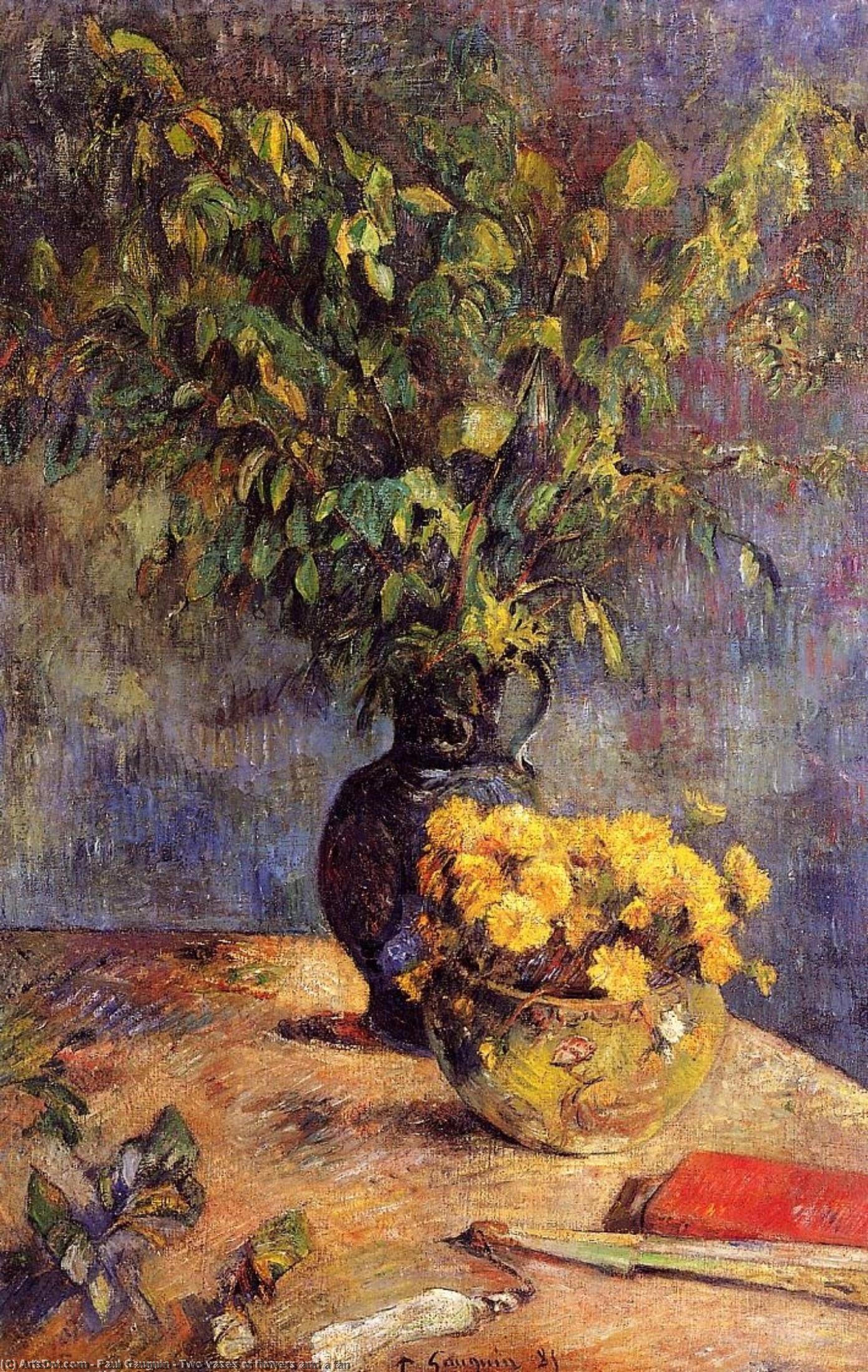 Two Vases Of Flowers And A Fan — Eugène Henri Paul Gauguin