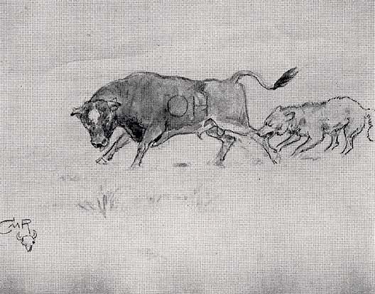 Wolf Attacking A Bull, (painting) — Charles Marion Russell