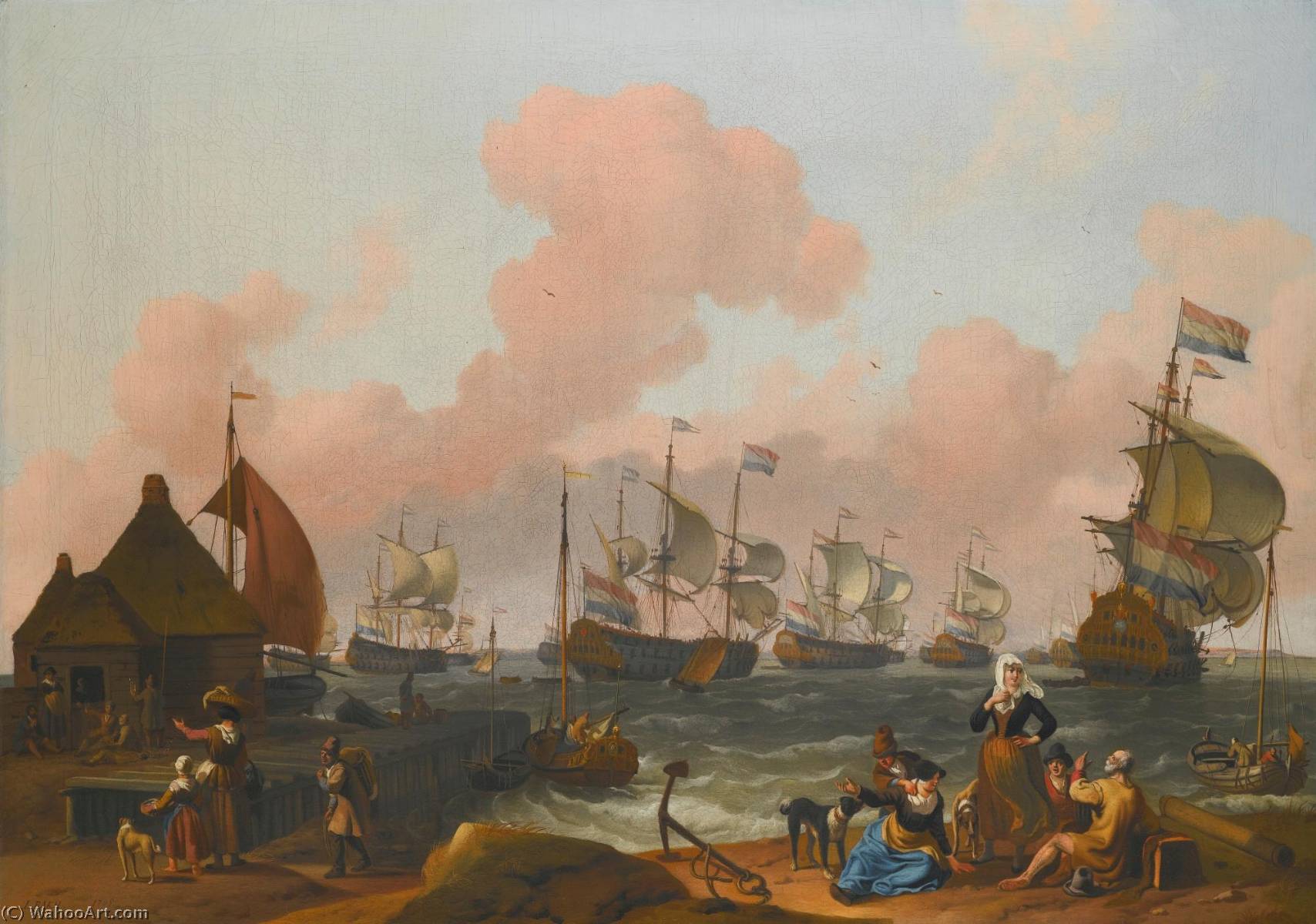 A Coastal Landscape With Many Figures On The Shore By A Quay, With Several Two Deckers In A Stiff Breeze Beyond — Ludolf Backhuysen I