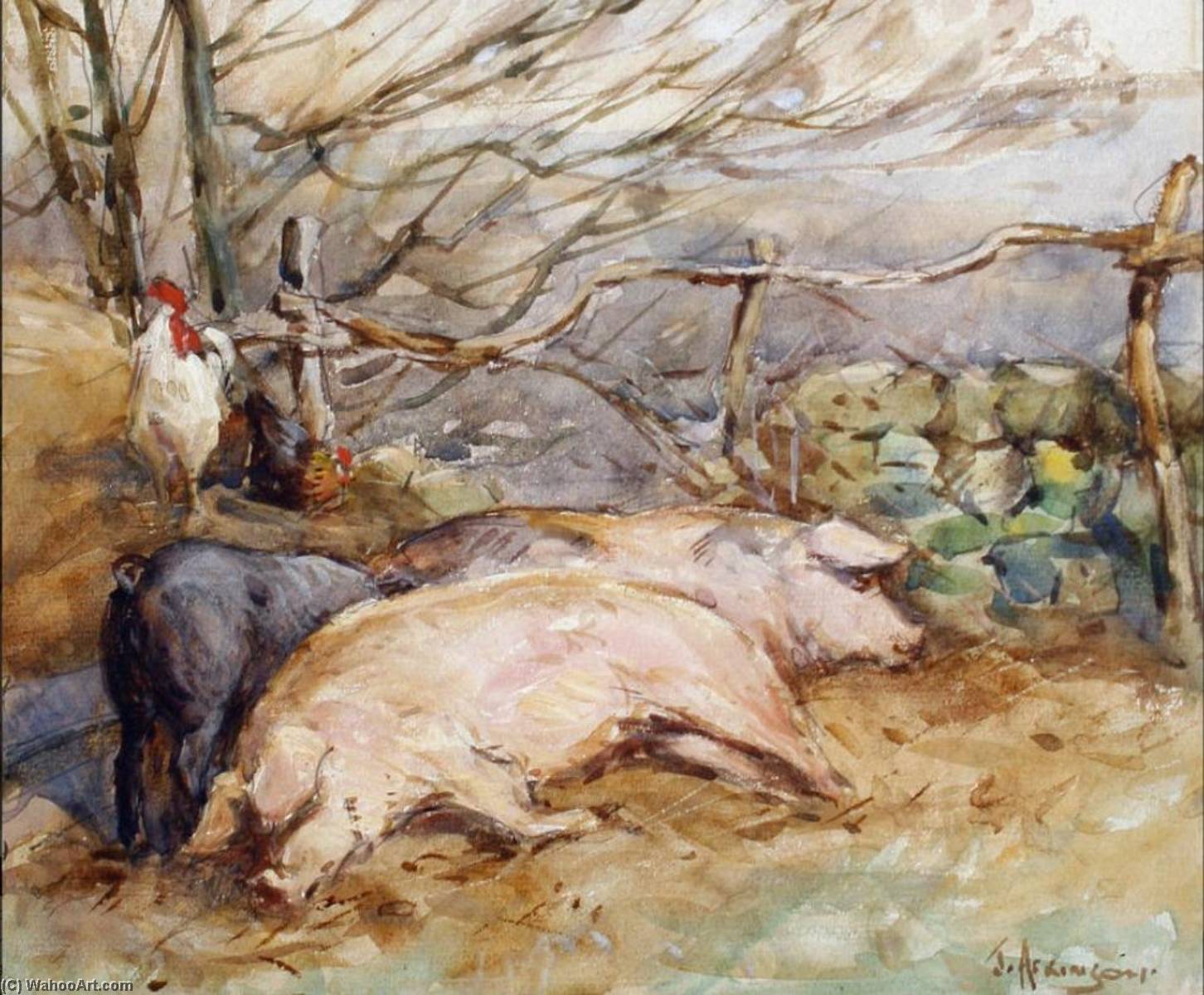 Farmyard Scene With Pigs And Chickens — John Atkinson Ii