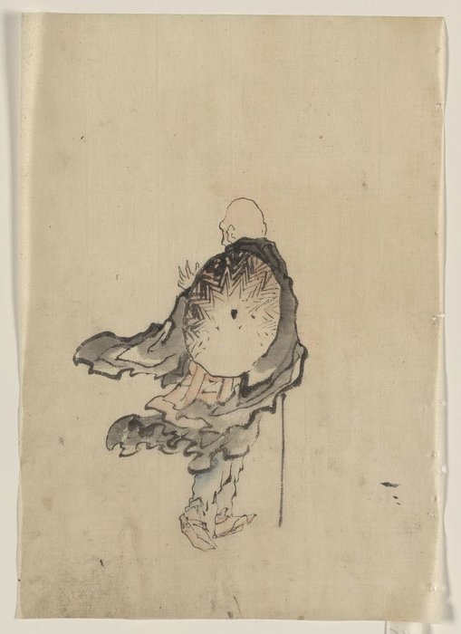 Título Traducido: Vista Tras Una Peregrina O Monje Vestido Con Capucha Y Con Gran Sombrero Cónico En Su Espalda — Katsushika Hokusai