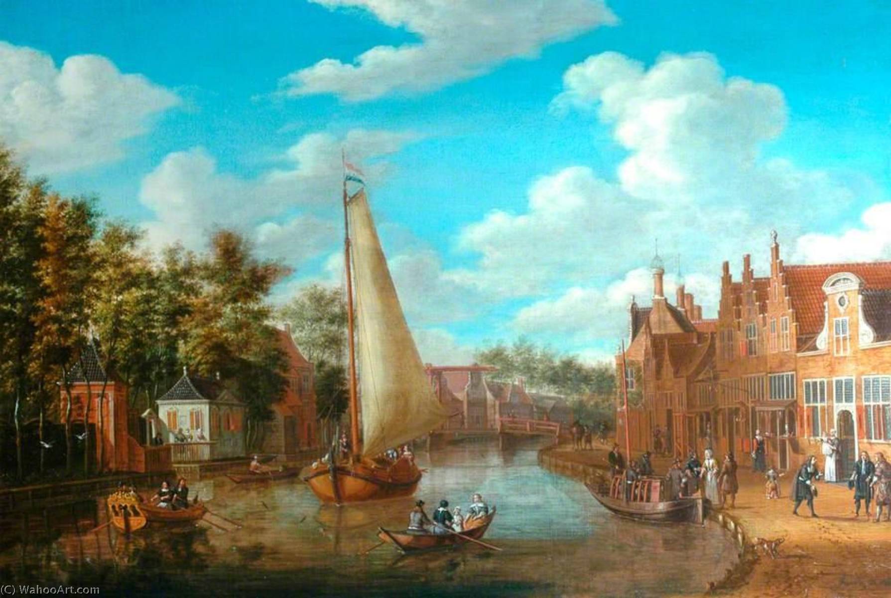 Dutch Canal Scene With Rigged Sailing Vessels And Figures Among The Terraced Houses Of Holland — Abraham Storck