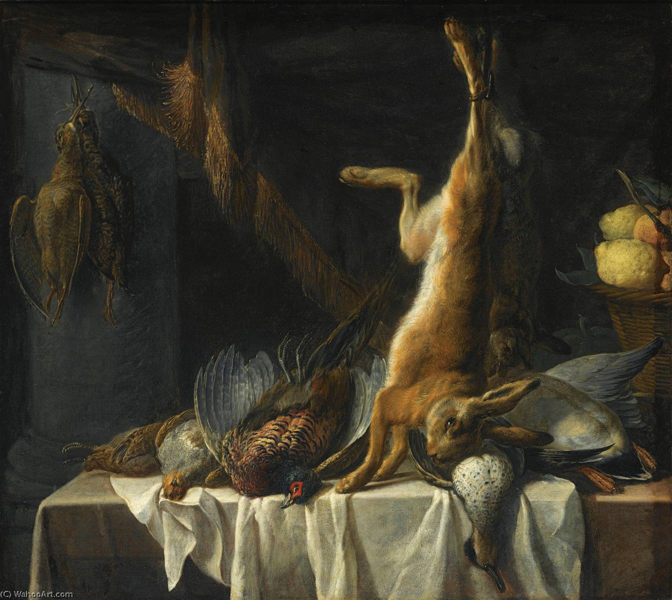 A Still Life With A Dead Hare, A Duck, A Pheasant And Poultry On A Table Draped With A White Cloth, Together With A Basket With Fruit — Pierre Van Boucle