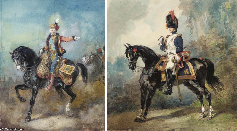 A Hussard Officer Riding, Right Pointing; And Dragon Horse Facing Left — Eugene Louis Lami