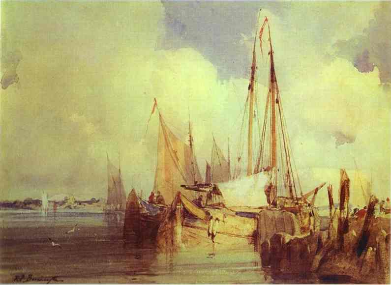 French River Scene With Fishing Boats — Ričard Parks Bonington