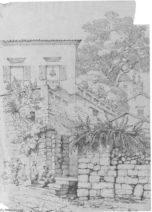Women Seated Outside The Gate Of A House; And A Street Scene, Macao — George Chinnery
