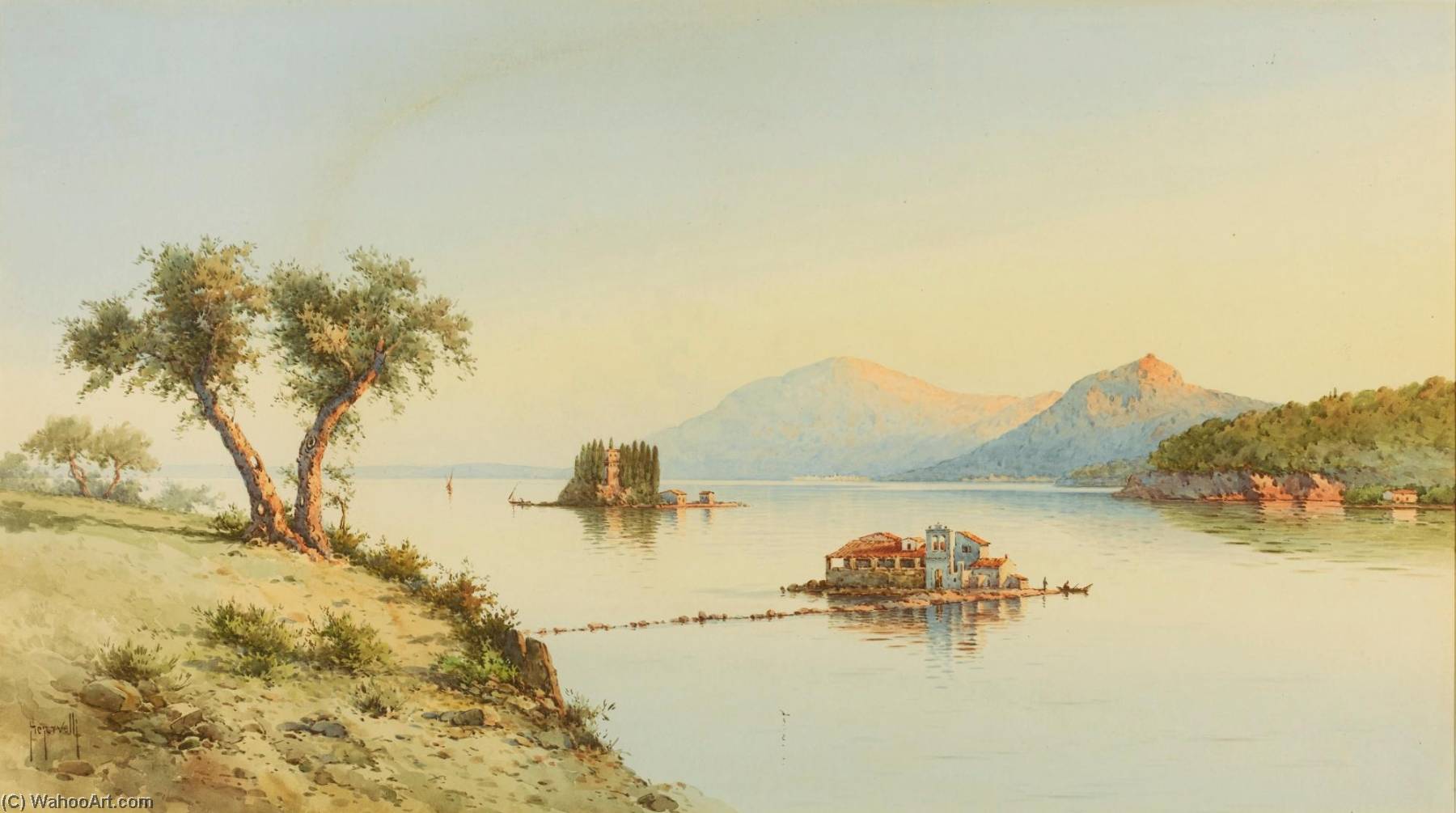 Watercolour View Of Vlacherna Monastery And Pontikonisi Island, Corfu, By Spryidon Scarvelli, Signed Lower Left, 340 X 600mm., Framed And Glazed — Spyridon Scarvelli